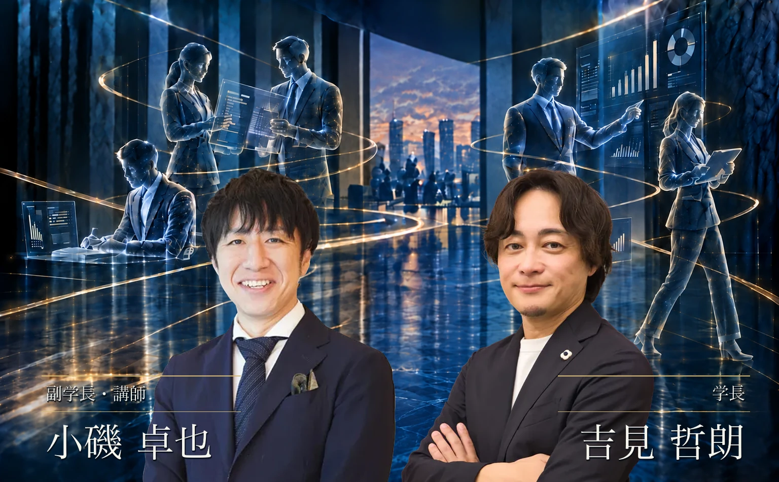 歯科経営大学 第4期のメインビジュアル。左:副学長・講師 小磯卓也、右:学長 吉見哲朗。採用チラシ表面より。